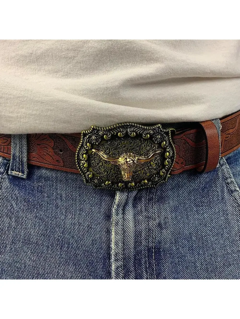 American Western Brown leather belt with silver-toned brass buckle, featuring a
